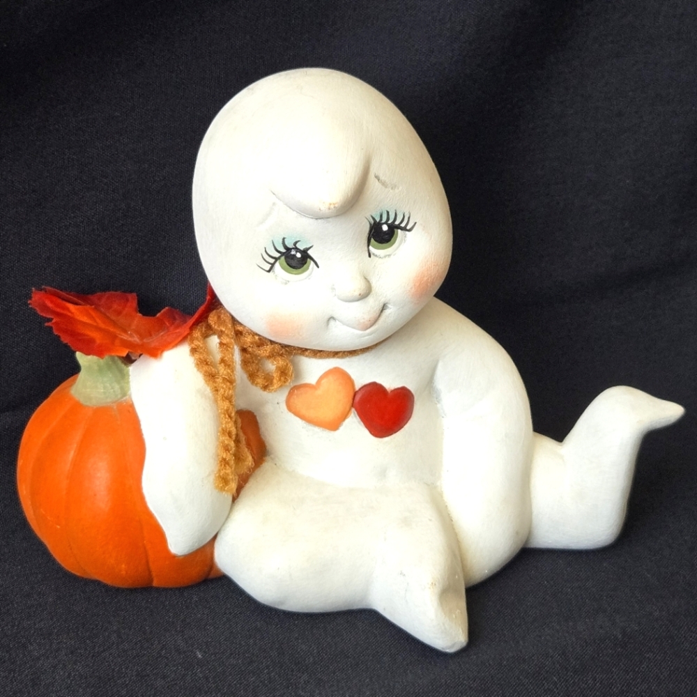 VTG Whimsical Ceramic Ghost Pumpkin Figurine Hand Painted Halloween Decor